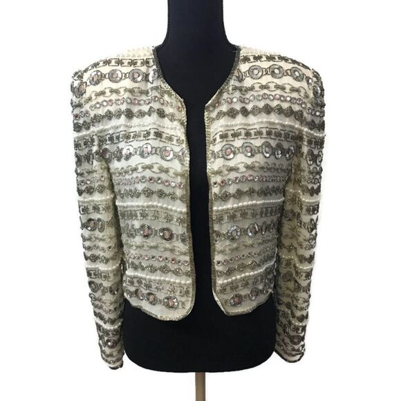 Vintage Niteline 100% Silk Beaded,‎ Sequin Rhinestone Ivory Jacket Medium - Picture 1 of 8